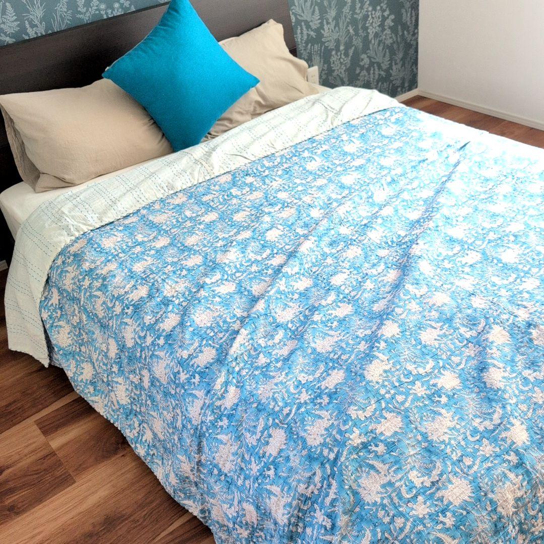 【L】花柄 ハンドブロックプリント カンタキルト ソファカバー ブルー 760