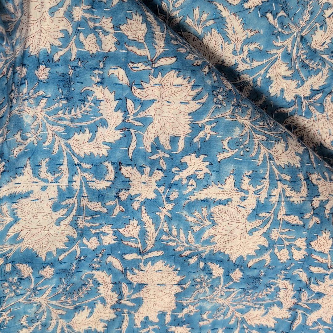 【L】花柄 ハンドブロックプリント カンタキルト ソファカバー ブルー 760