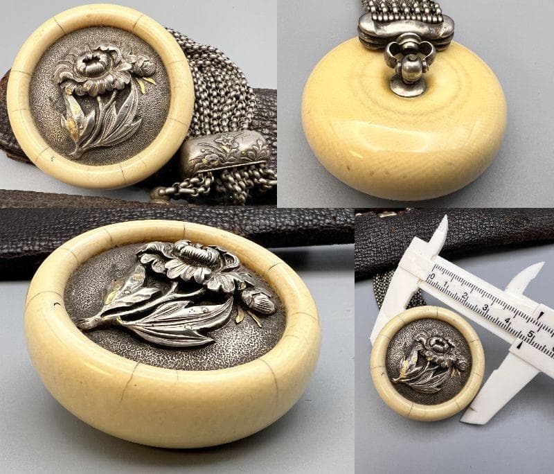 【海】江戸明治　最上級煙草入れ　金銀象嵌関羽像大振前金具　銀花彫刻饅頭根付　銀鎖