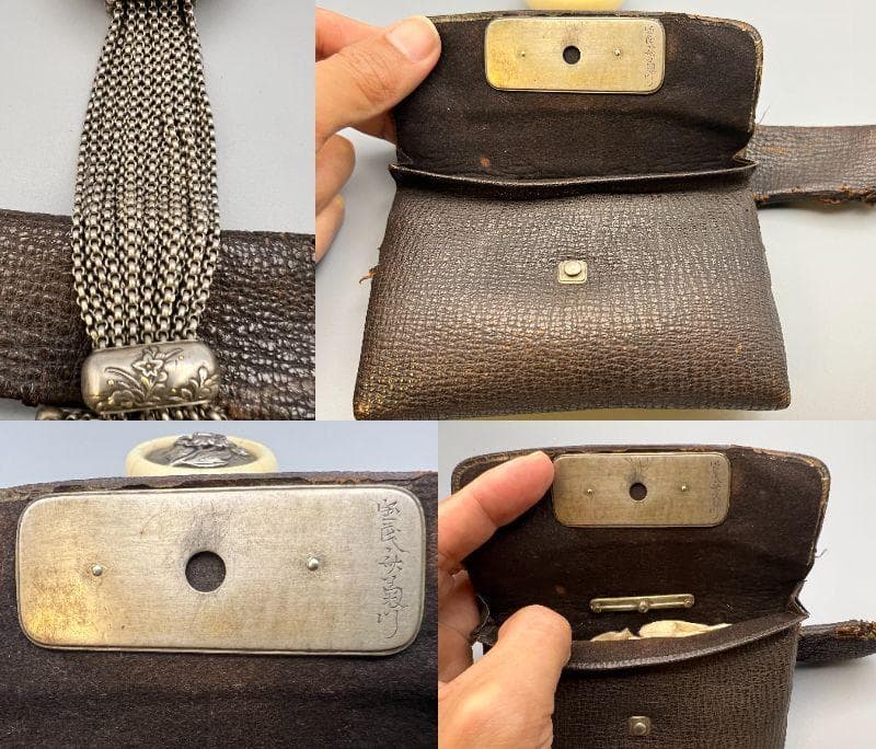 【海】江戸明治　最上級煙草入れ　金銀象嵌関羽像大振前金具　銀花彫刻饅頭根付　銀鎖