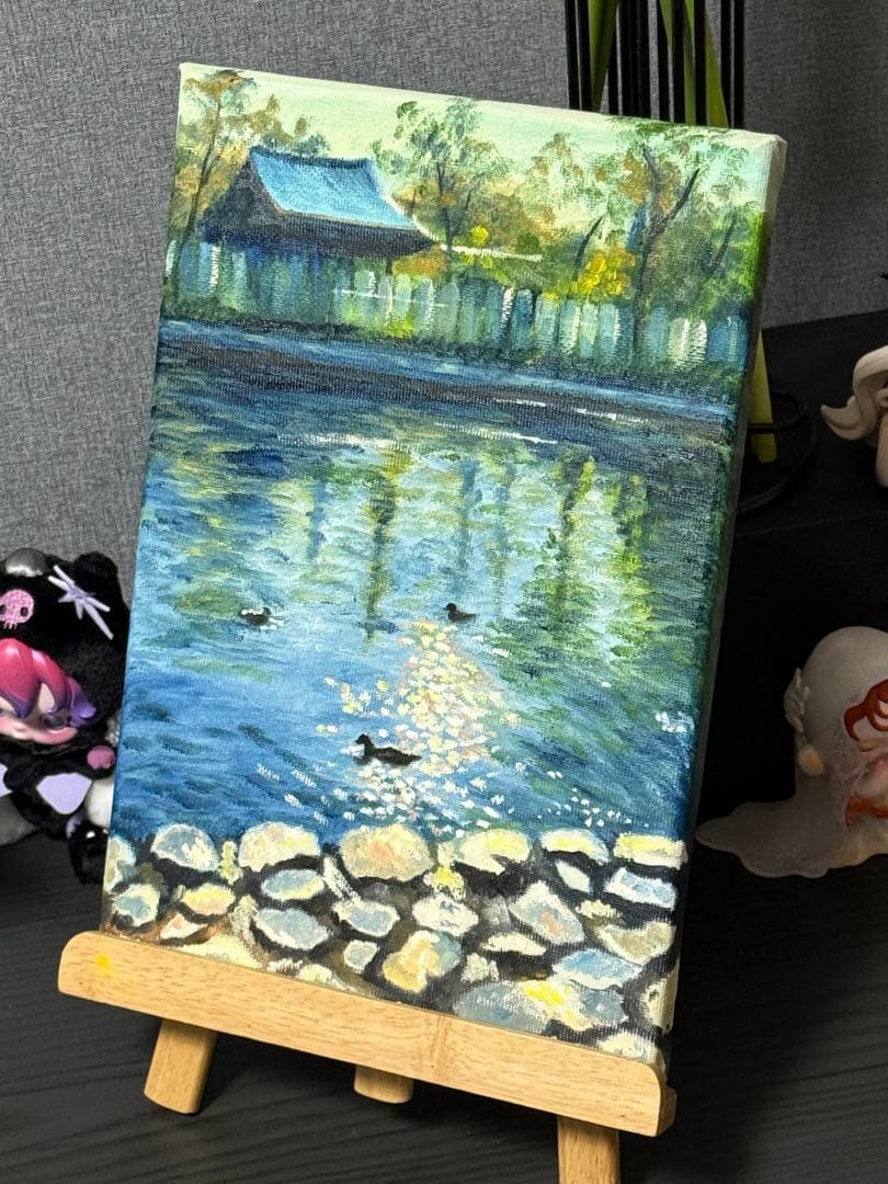 「公園の夕方」　手描き　油絵　肉筆　風景画　原画　油彩画　印象派