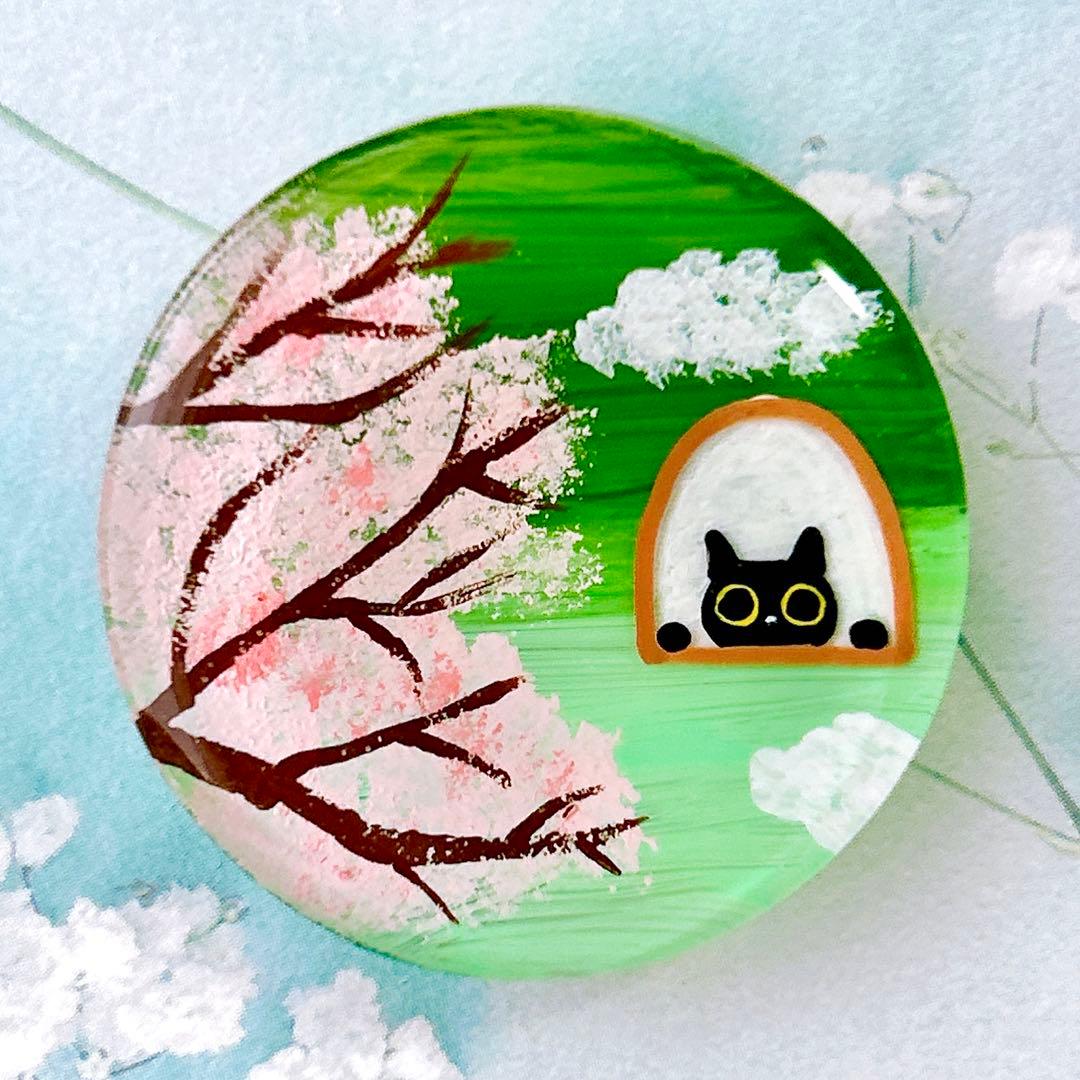手描き　桜　ひょっこり猫　ヘアゴム　ブローチ　レジン