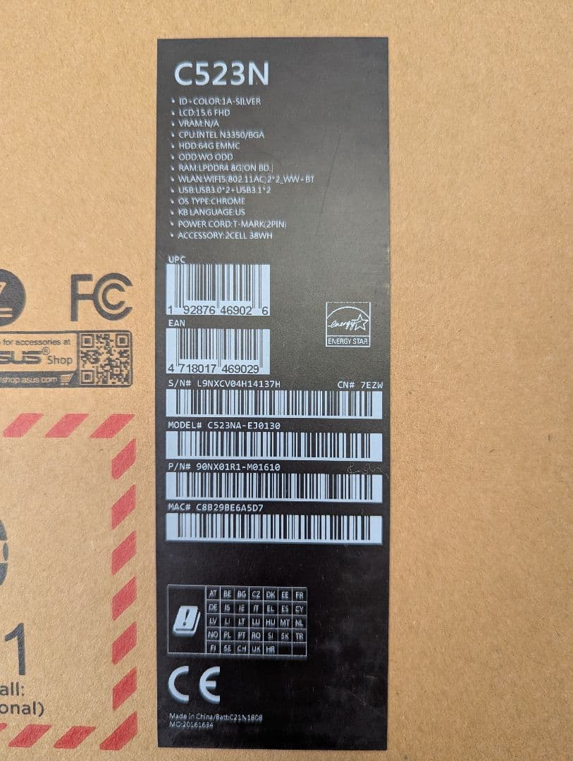 ASUS Chromebook 15.6インチ　C523NA-EJ0130