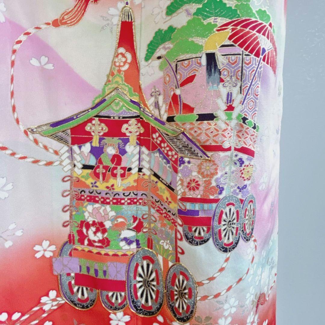 フルセット七五三　7歳女の子　着物＆帯＆簡単半衿＆小物　オレンジ地　比翼　祇園祭