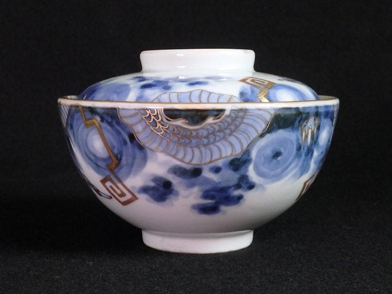 古伊万里　染錦　雲龍に雷紋の図　大振蓋茶碗　E255AS-fbjb