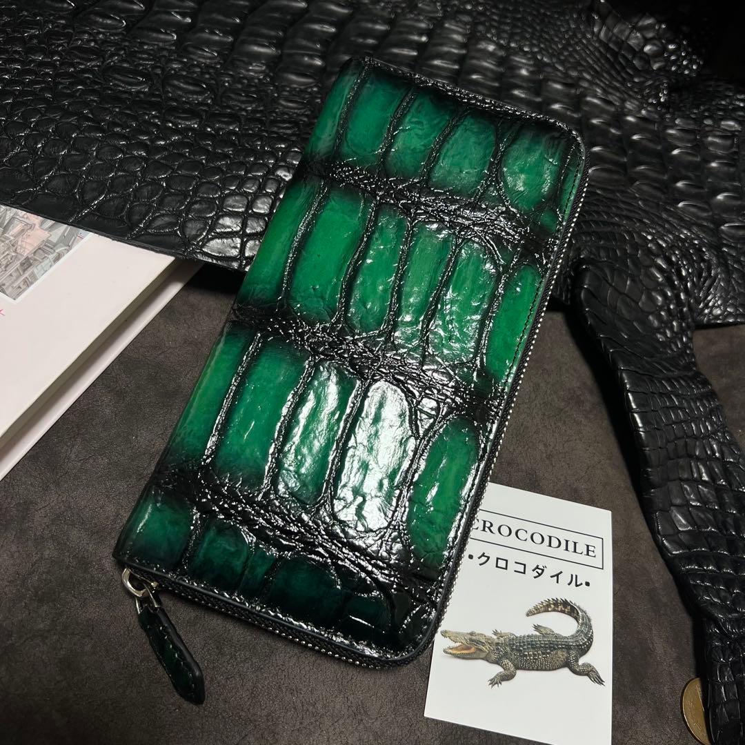 実物一枚革　クロコダイル　ラウンドファスナー 本革　手染め手作り　長財布　人気