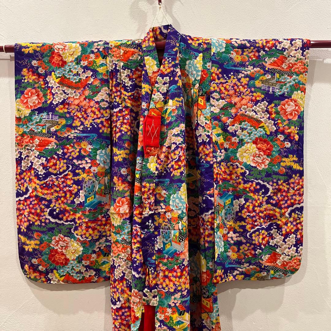 大正ロマン レトロモダン 豪華絢爛 七五三 アンティーク着物 紫地花扇