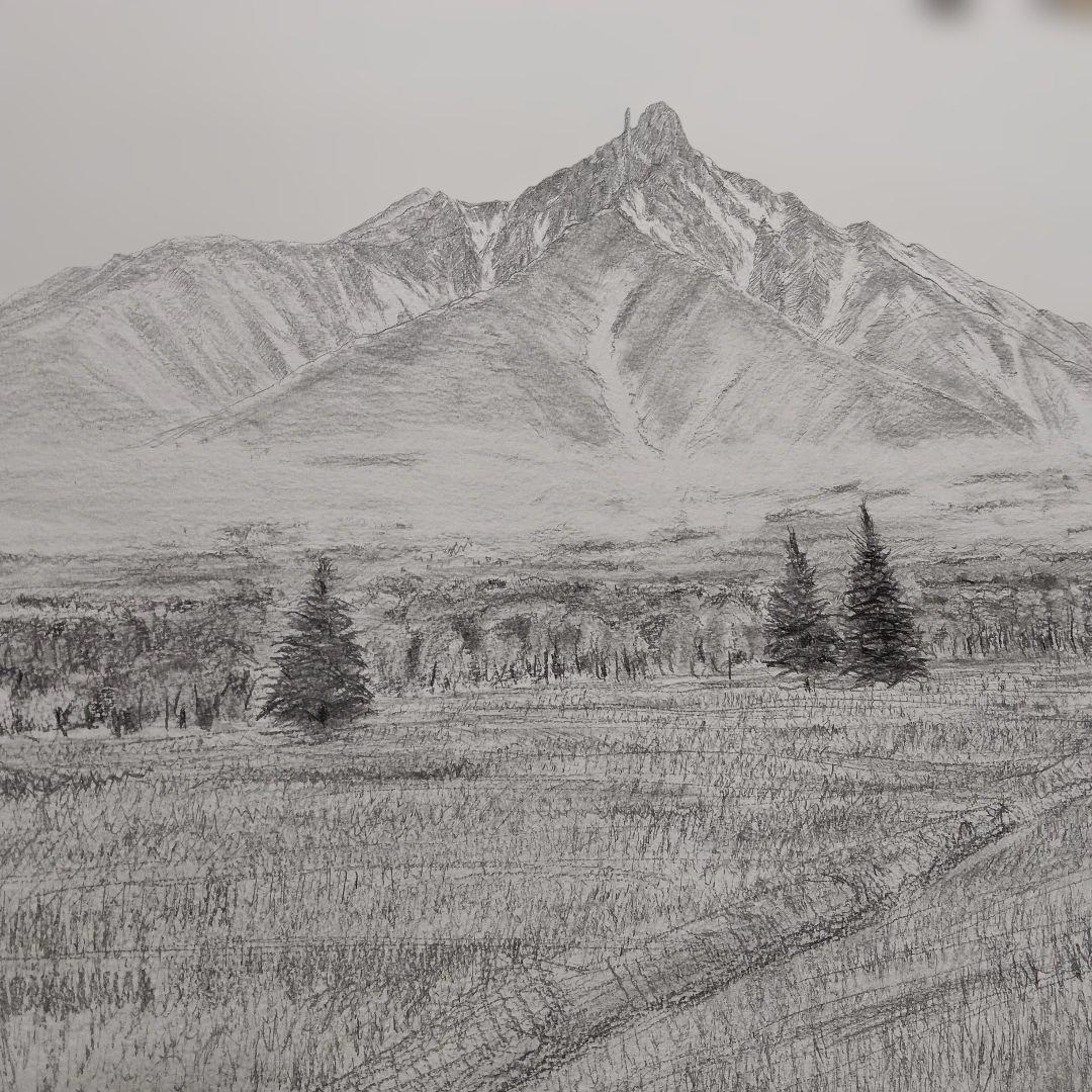 鉛筆画 山景色 １０号、心霊利尻富士 流浪画家森春雄作画作品