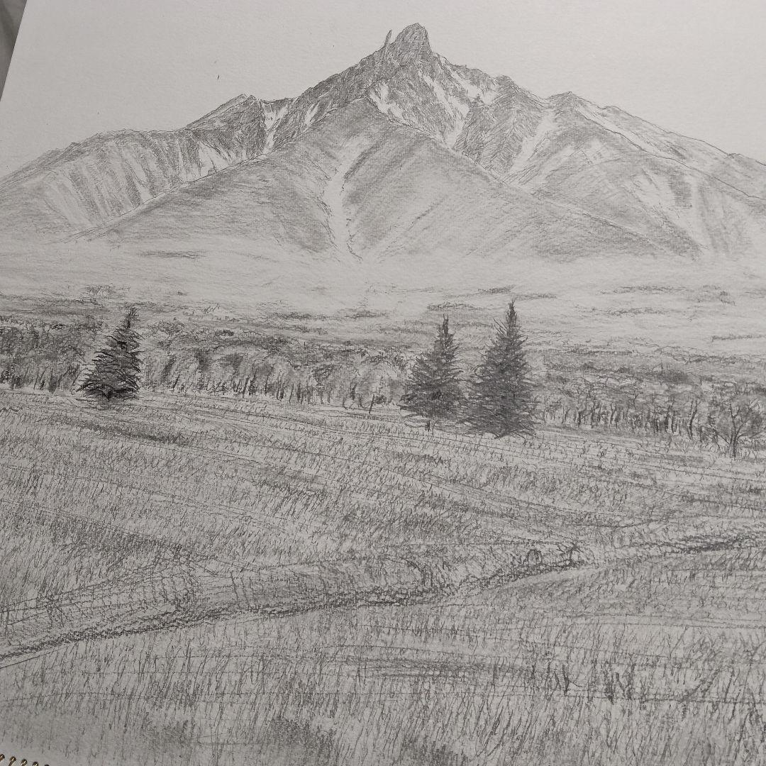 鉛筆画 山景色 １０号、心霊利尻富士 流浪画家森春雄作画作品