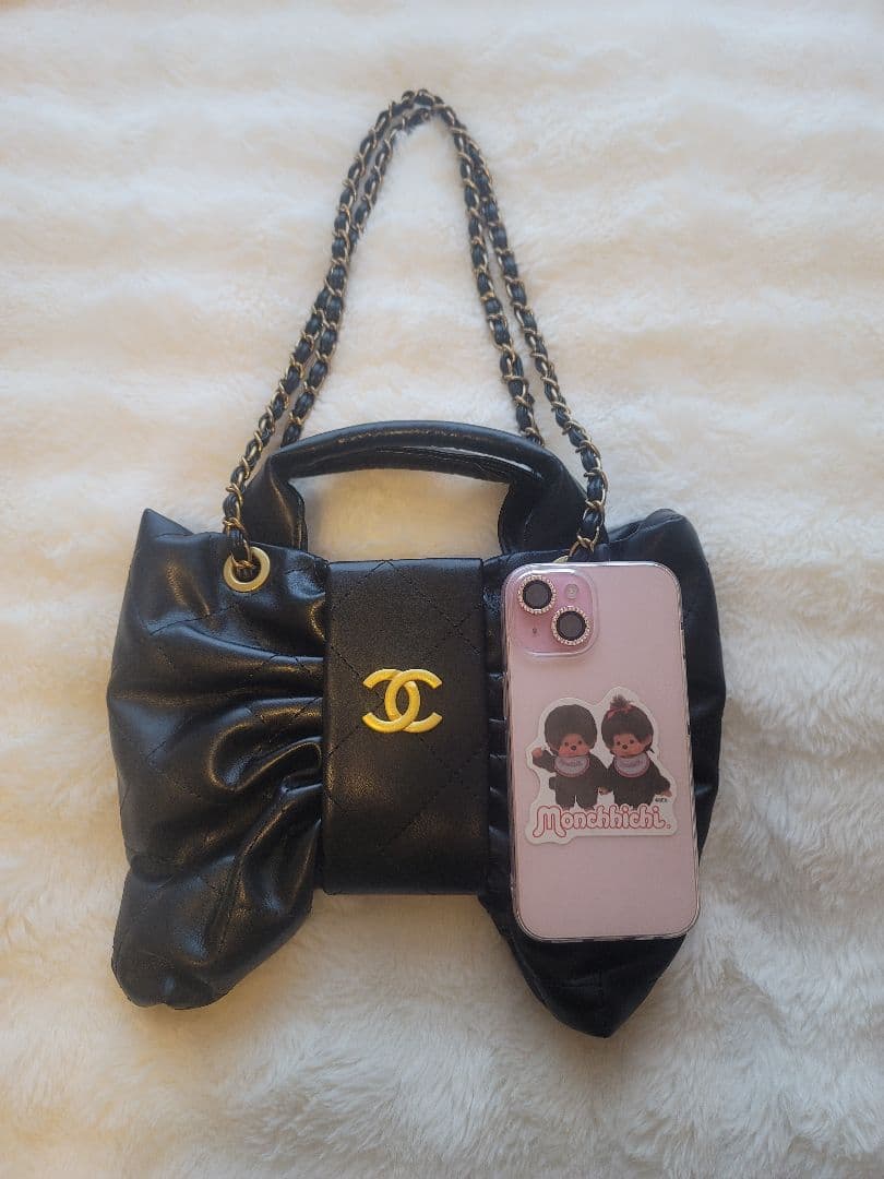 ノベルティ CHANEL ブラックリボンショルダーバッグ キルティング
