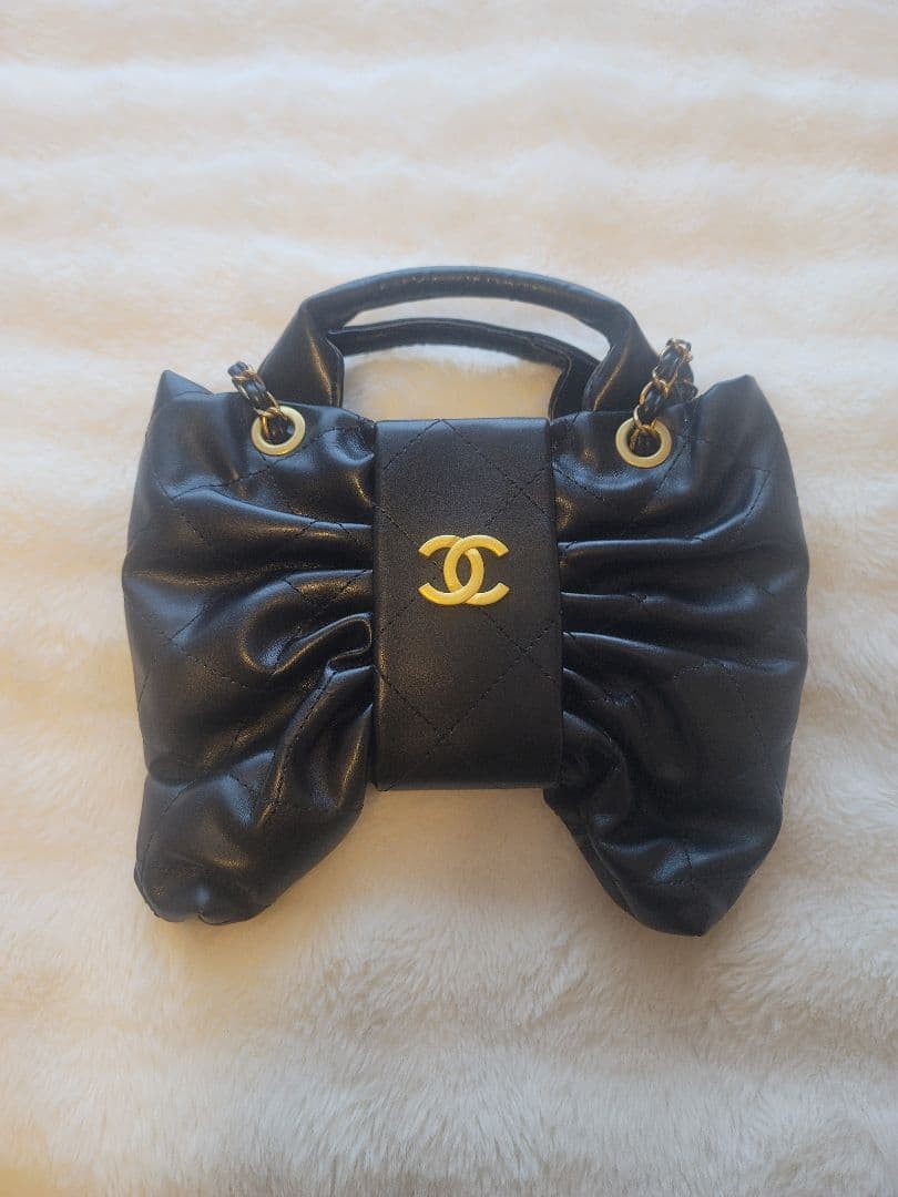 ノベルティ CHANEL ブラックリボンショルダーバッグ キルティング