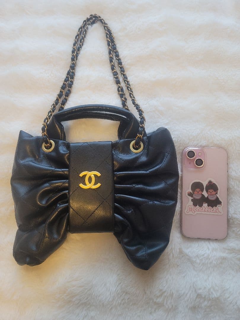 ノベルティ CHANEL ブラックリボンショルダーバッグ キルティング