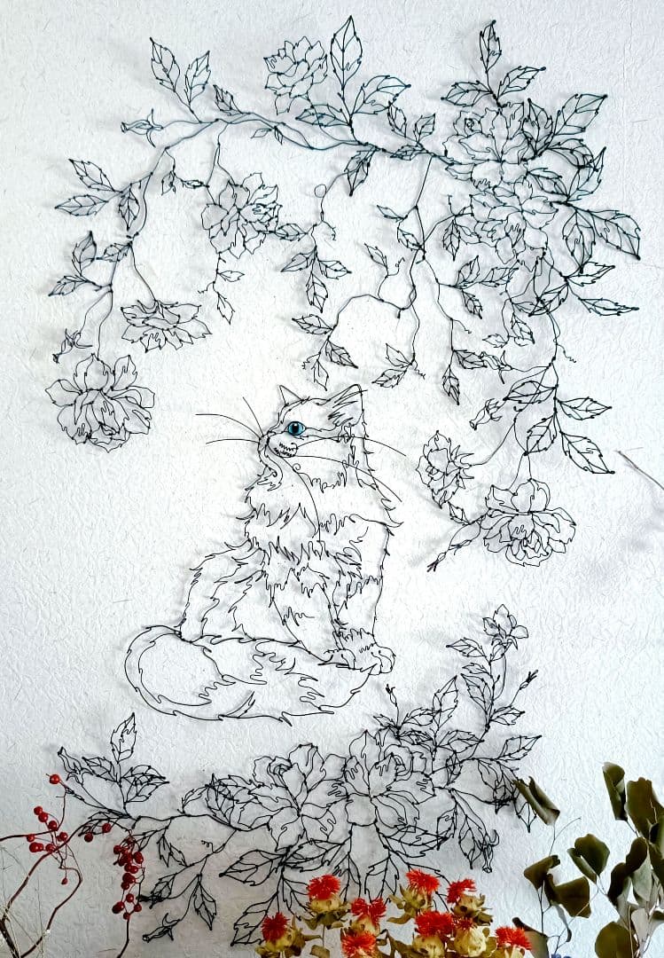 お値下げ中　つる薔薇　猫　ワイヤーアート　フラワーアート
