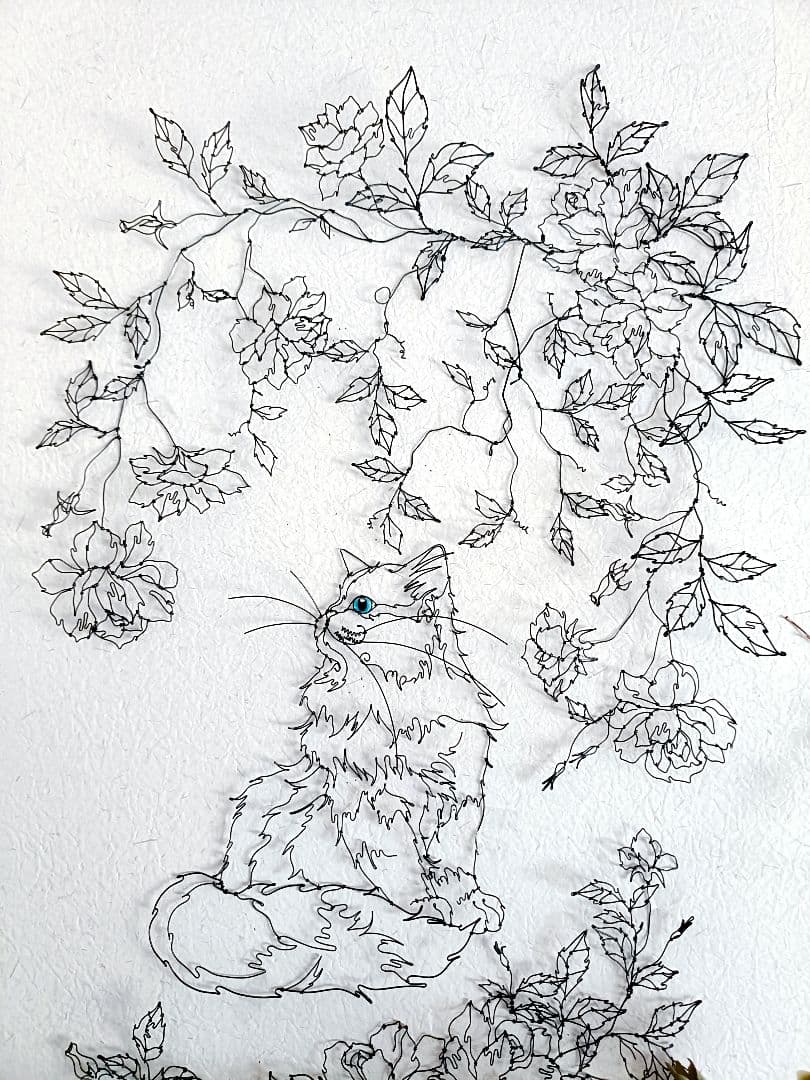 お値下げ中　つる薔薇　猫　ワイヤーアート　フラワーアート