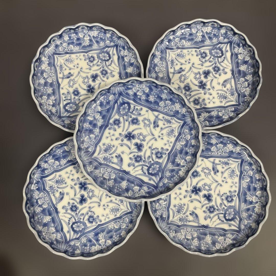 龍峰窯　染付更紗　花鳥染付 皿5点　盛鉢1点