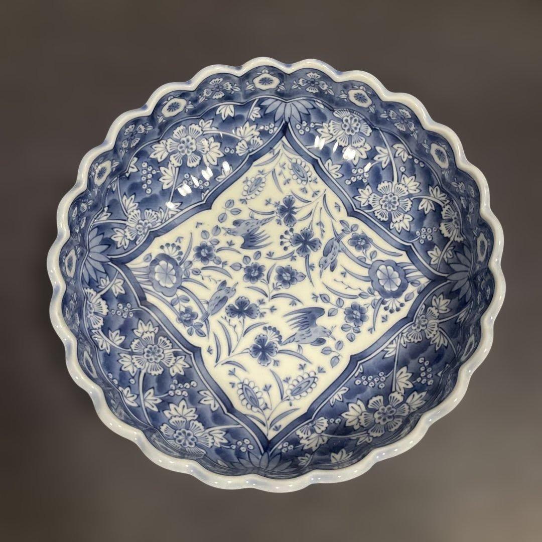 龍峰窯　染付更紗　花鳥染付 皿5点　盛鉢1点