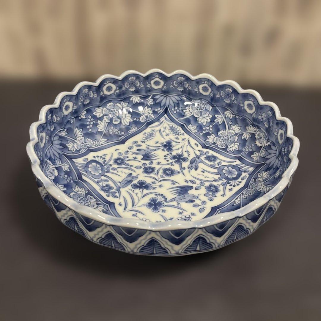 龍峰窯　染付更紗　花鳥染付 皿5点　盛鉢1点