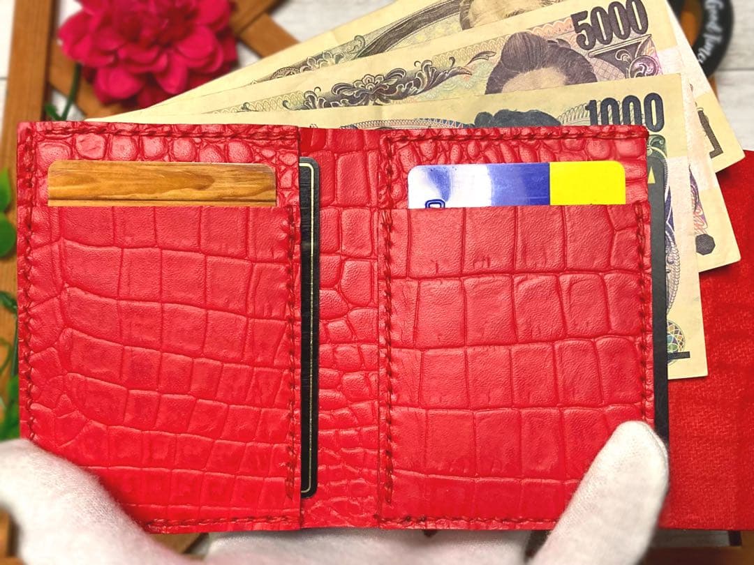 ❤【高級感×可愛い♪】大人オシャレながま口付き総本革ミニ財布♪赤クロコダイル柄
