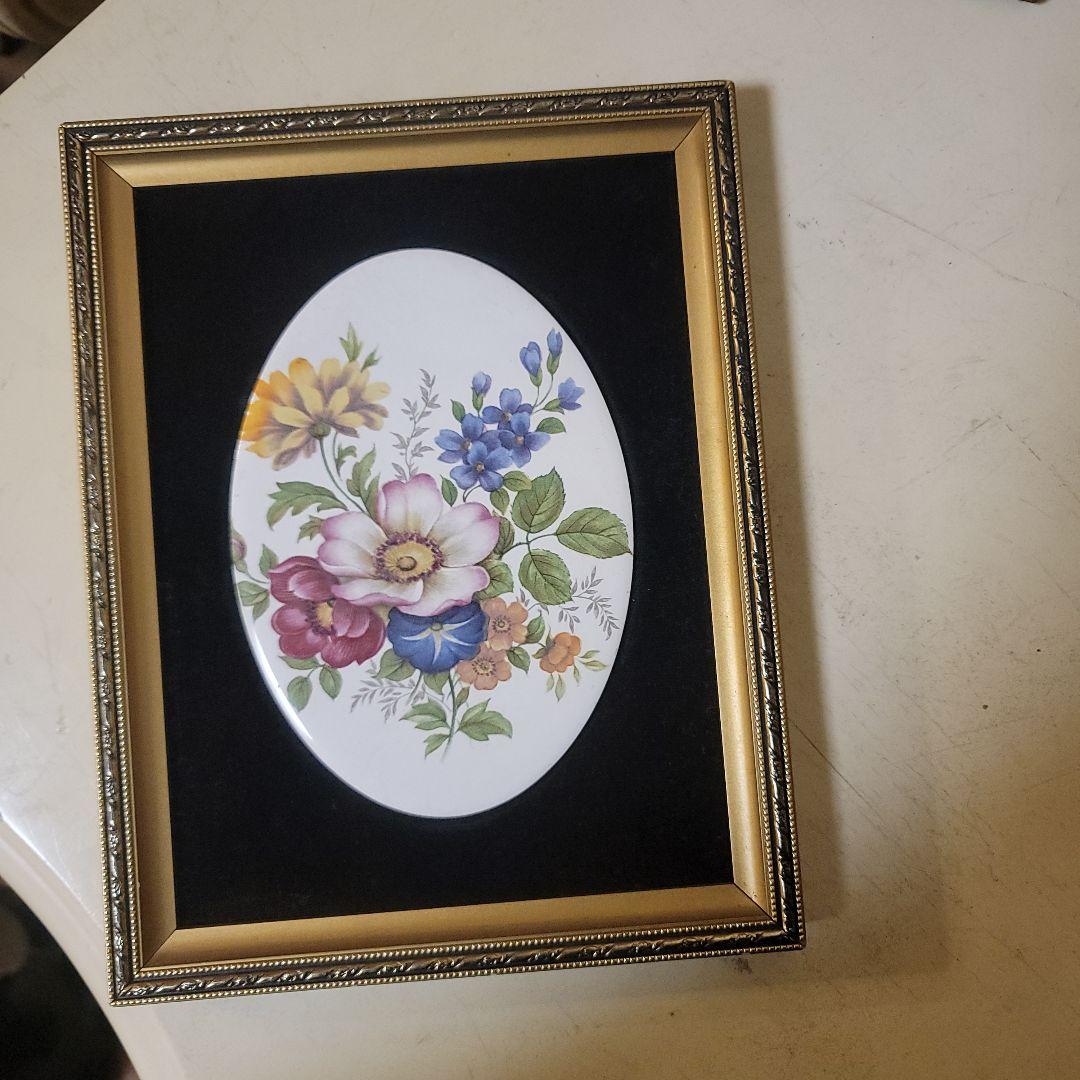 70'sイギリスアンティーク　陶板画　ヴィンテージ　お花のオーバルプレート陶板額