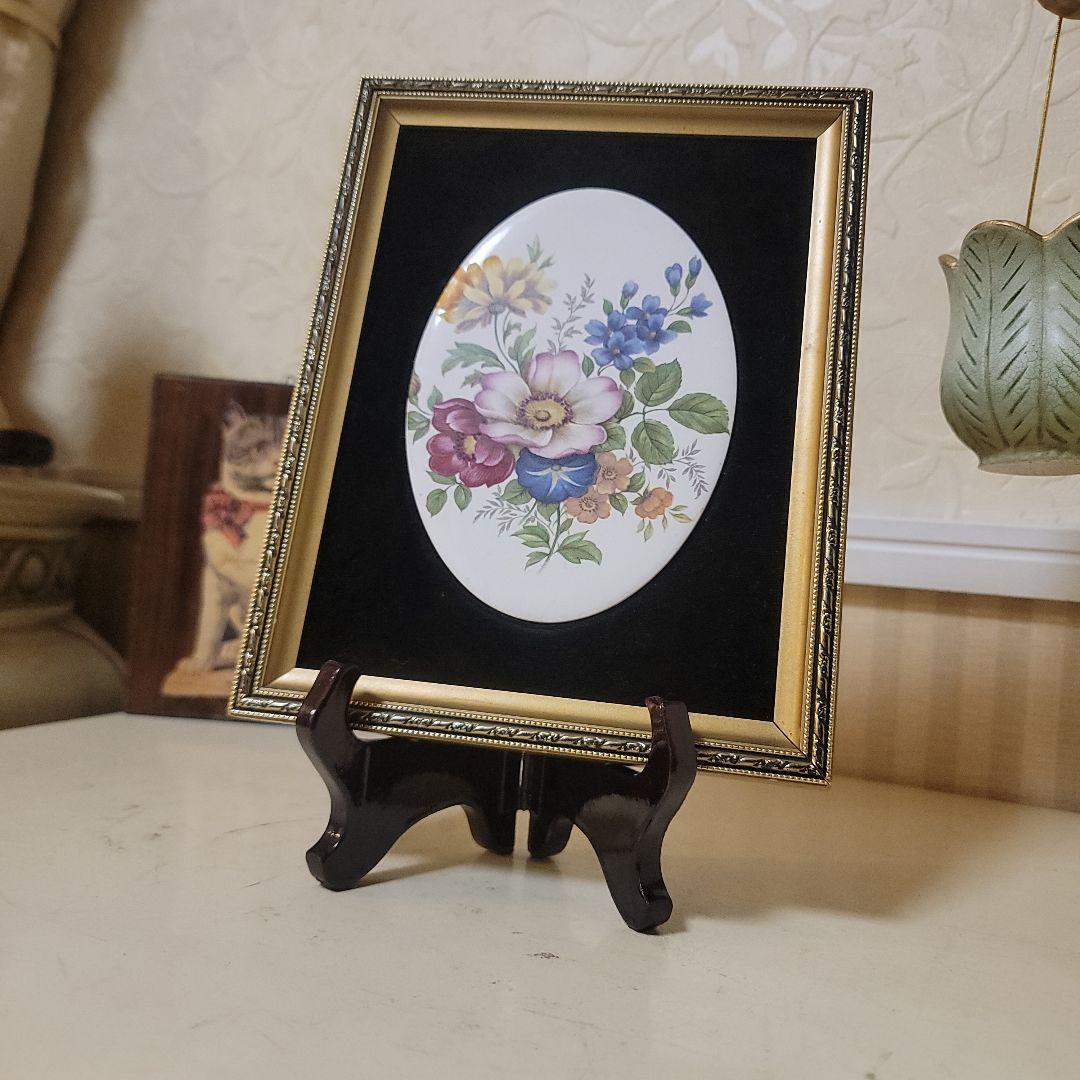 70'sイギリスアンティーク　陶板画　ヴィンテージ　お花のオーバルプレート陶板額