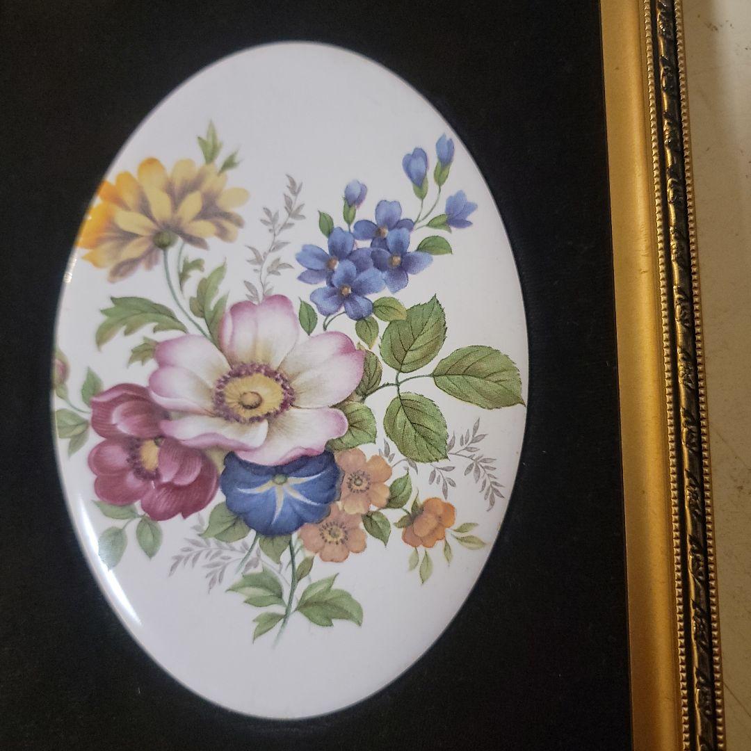 70'sイギリスアンティーク　陶板画　ヴィンテージ　お花のオーバルプレート陶板額