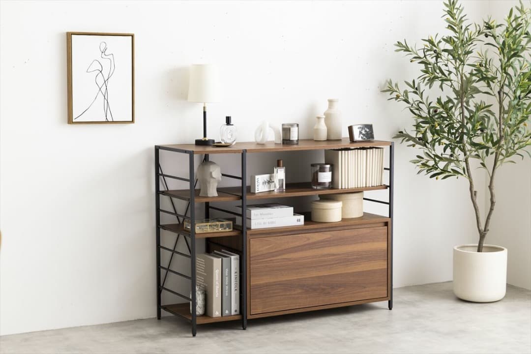 シェルフラック　幅105cm　引き出し付き　棚　ラック　インテリア　ブラウン