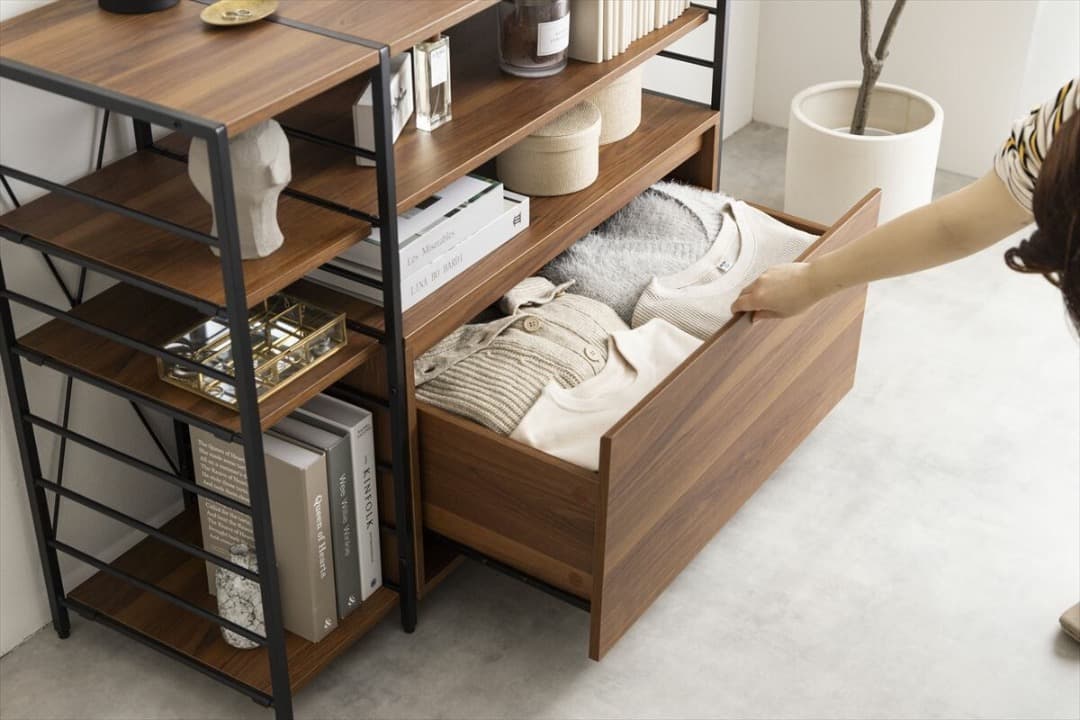 シェルフラック　幅105cm　引き出し付き　棚　ラック　インテリア　ブラウン