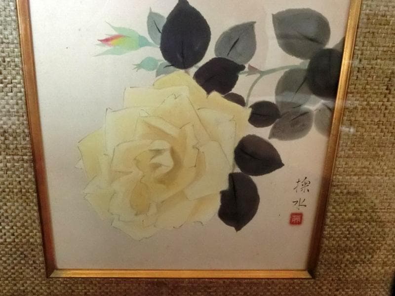 蔵出し品★真作　門井掬水　色紙　日本画　バラ　木製額縁