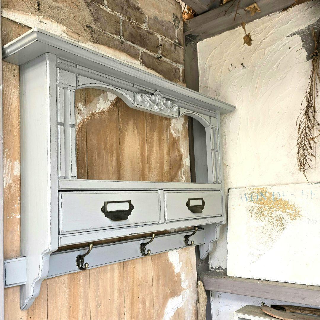 ももじゃね　シャビー壁掛けシェルフ　ワイド690グレー　ボックス付き