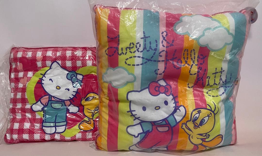 北　レトロキティ　チェック柄クッション２００４年製＆ストライプ座布団２００４年製