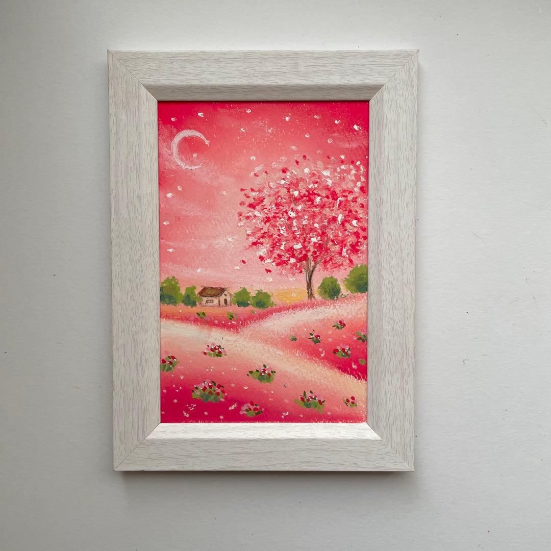 オイルパステル画　アクリル画　いちご色の風景No.8 風景画　ご予約品