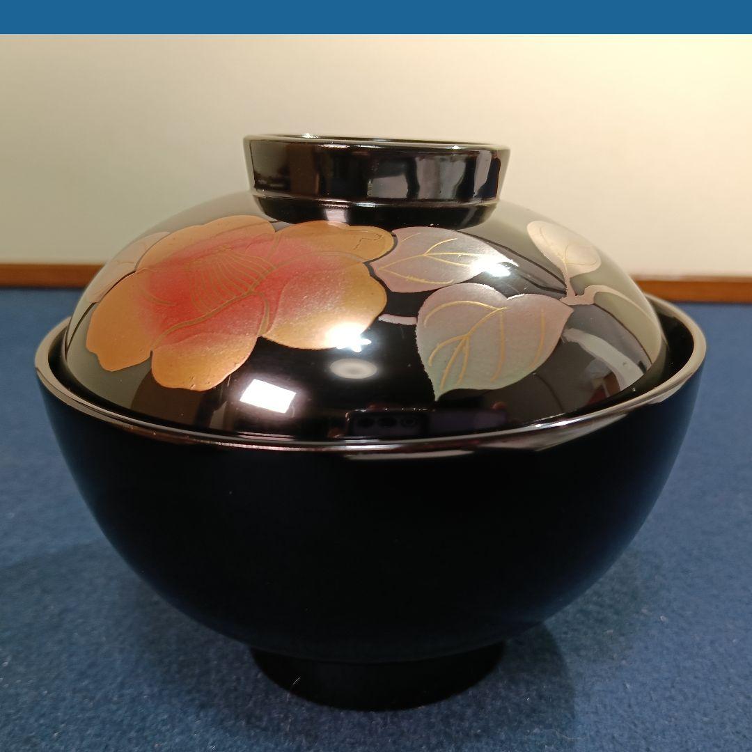 AM52 会津 大峰 吸物椀 蓋付椀 天然木 共箱 未使用 五客 黒椿
