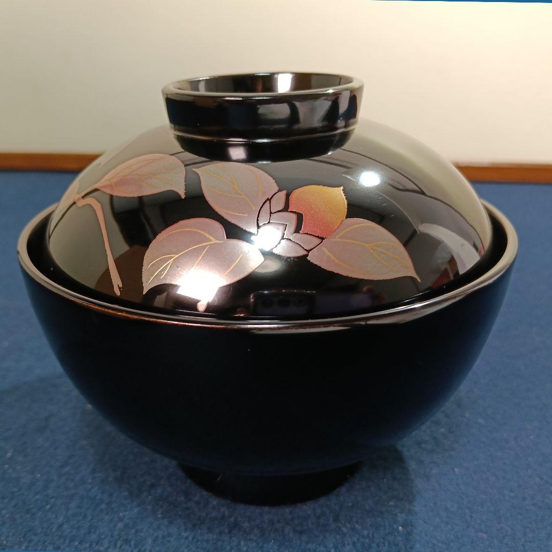 AM52 会津 大峰 吸物椀 蓋付椀 天然木 共箱 未使用 五客 黒椿