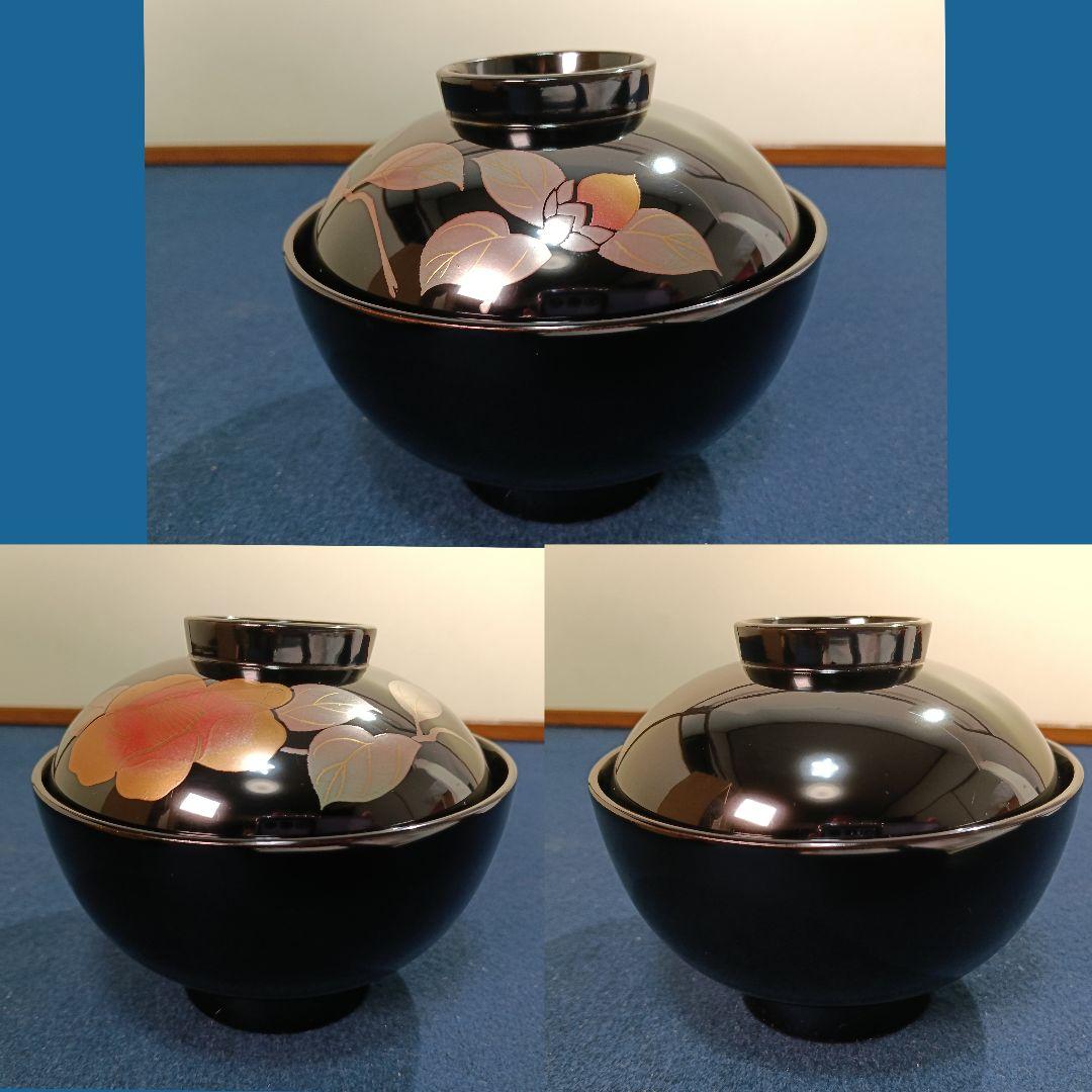AM52 会津 大峰 吸物椀 蓋付椀 天然木 共箱 未使用 五客 黒椿