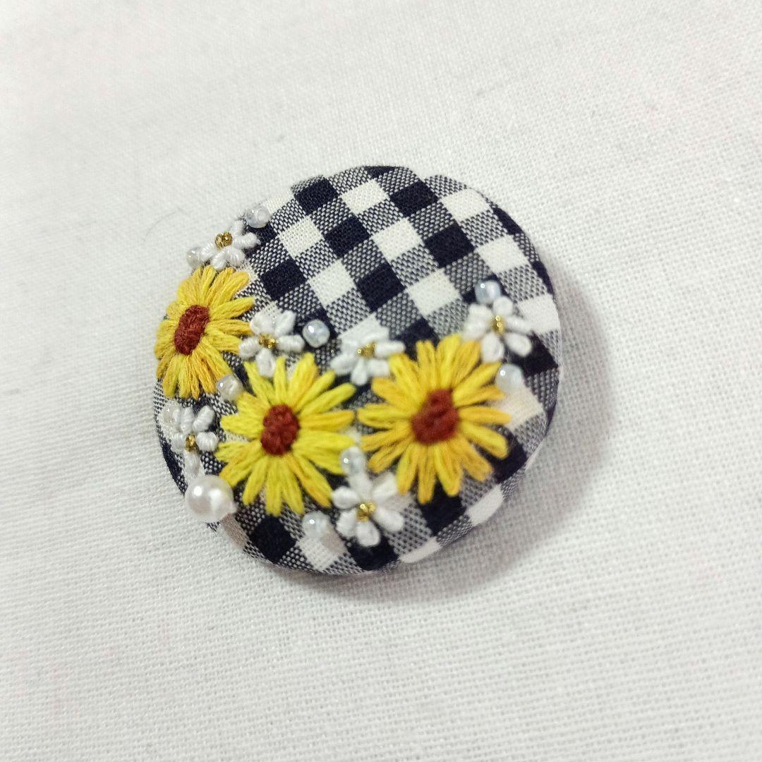 ひまわり刺繍チェック柄3.7センチヘアゴム