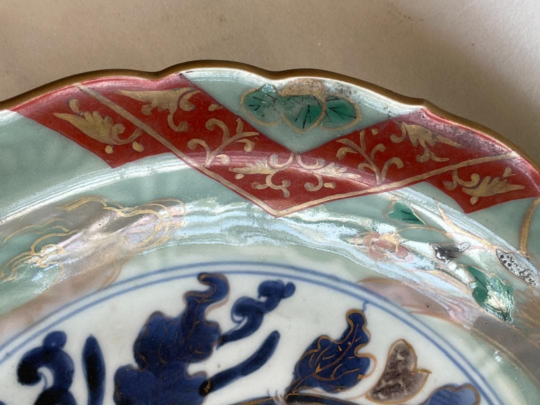 古伊万里 色絵 金彩 花文 輪花 大皿 大明成化年製 明治 飾皿 28.8cm