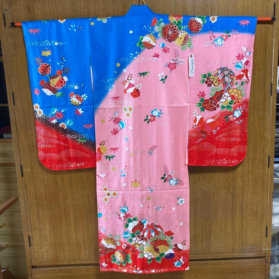 七五三 正絹　七才　女の子　着物　長襦袢セット　ピンクと青