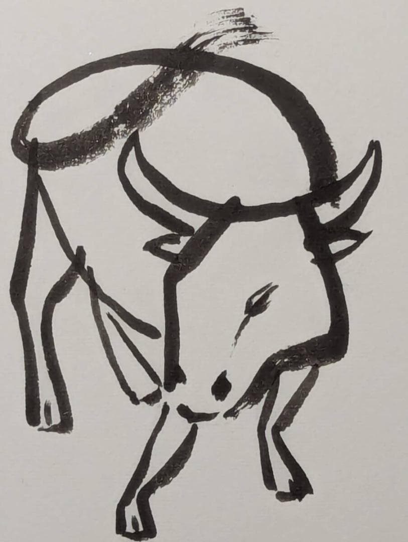 【真作】絵画　水墨画（色紙）　牛図　力強い筆致　現代書画作品　Z35
