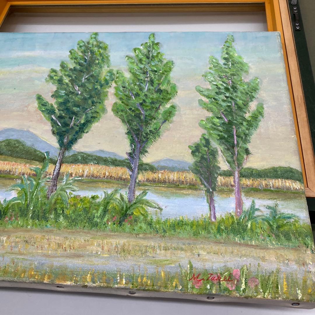 風景画 竹井睦英　湖南帰帆島　M.タケイ 印象派風 金色フレーム　額付き