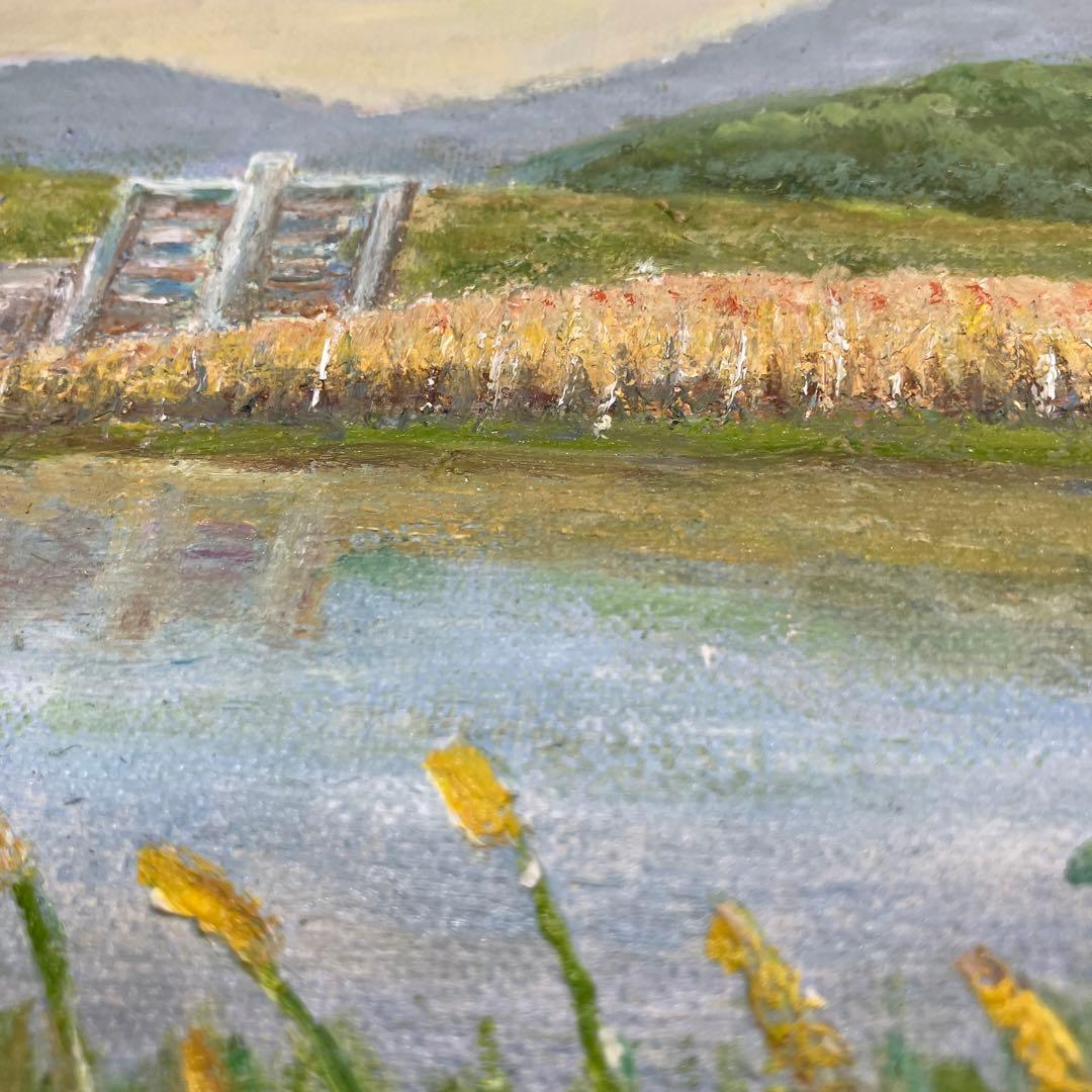 風景画 竹井睦英　湖南帰帆島　M.タケイ 印象派風 金色フレーム　額付き