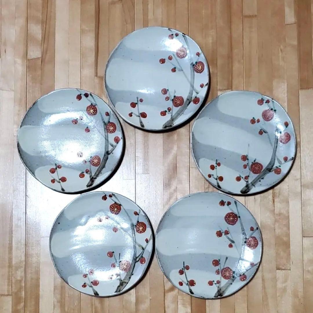 【人間国宝】加藤卓男 幸兵衛窯□紅梅文七寸皿 ５客 共箱入