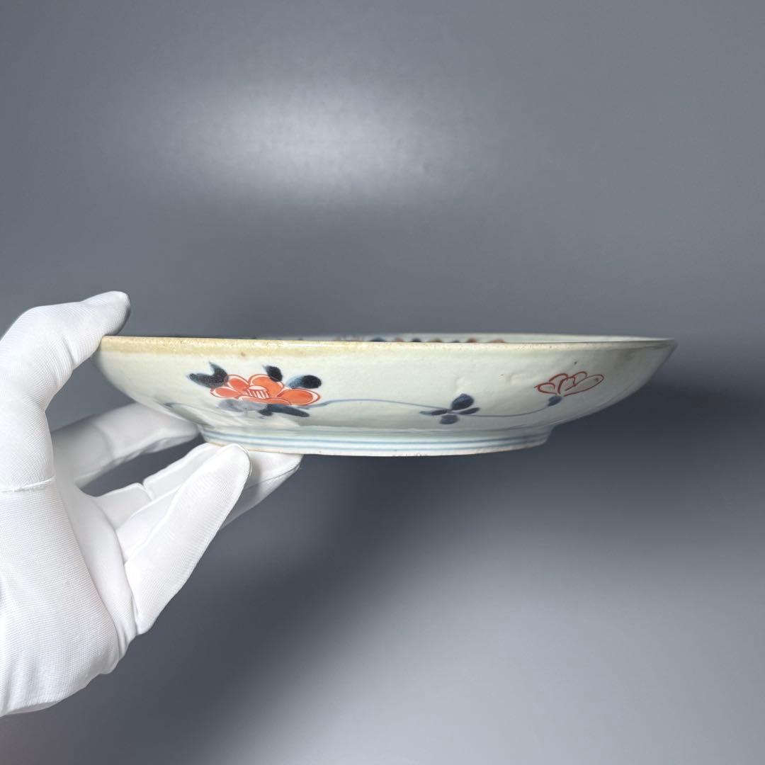 元禄伊万里　色絵花鳥図七寸皿　建築物　金蘭手　赤絵　裏椿文　状態◎　蒐集家旧蔵品