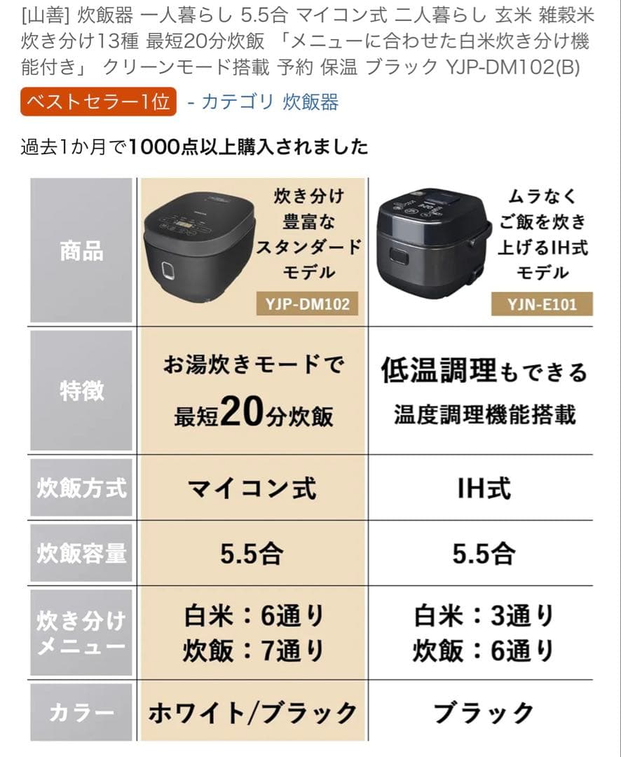 YJP-DM102(B) マイコン式炊飯器 5.5合 ブラック 山善 炊飯器