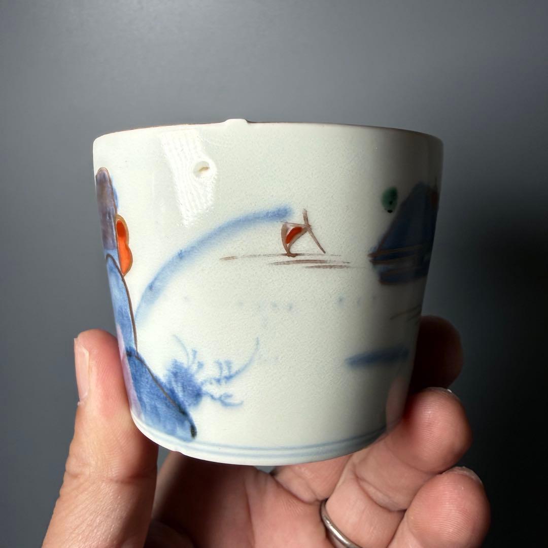 古伊万里　染錦　風景図そば猪口　向付　十客　蛇目高台　料理屋　蕎麦屋