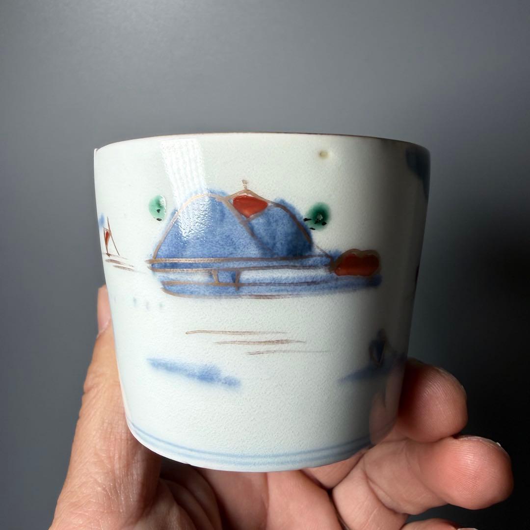 古伊万里　染錦　風景図そば猪口　向付　十客　蛇目高台　料理屋　蕎麦屋