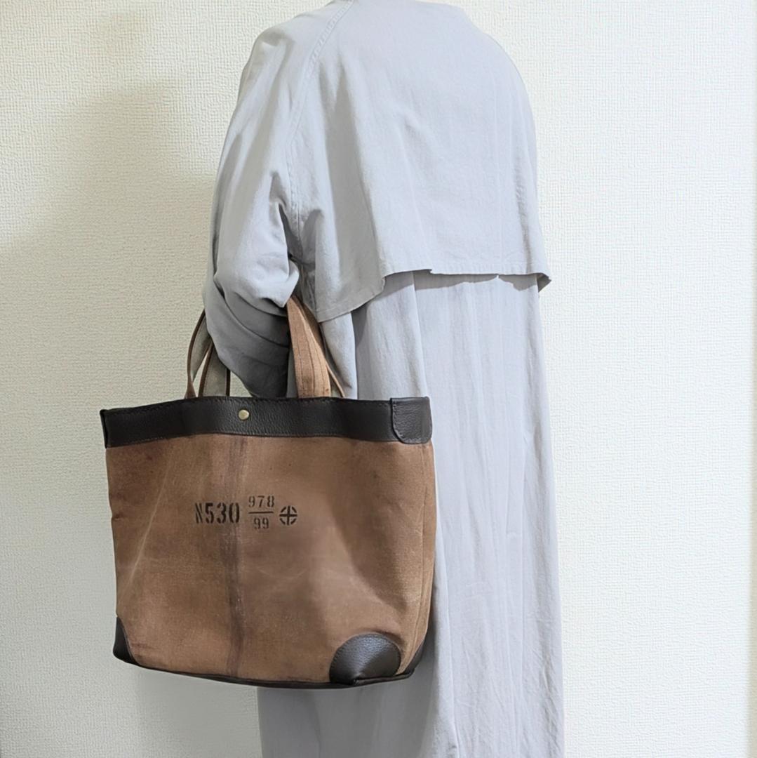 ハンドメイド＊古布＊酒袋＊柿渋染め×牛革シュリンク＊大きめトート