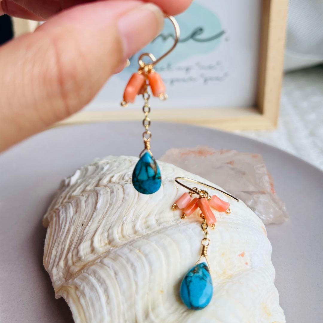 14kgf 天然珊瑚　コッパーターコイズ　夏ピアス