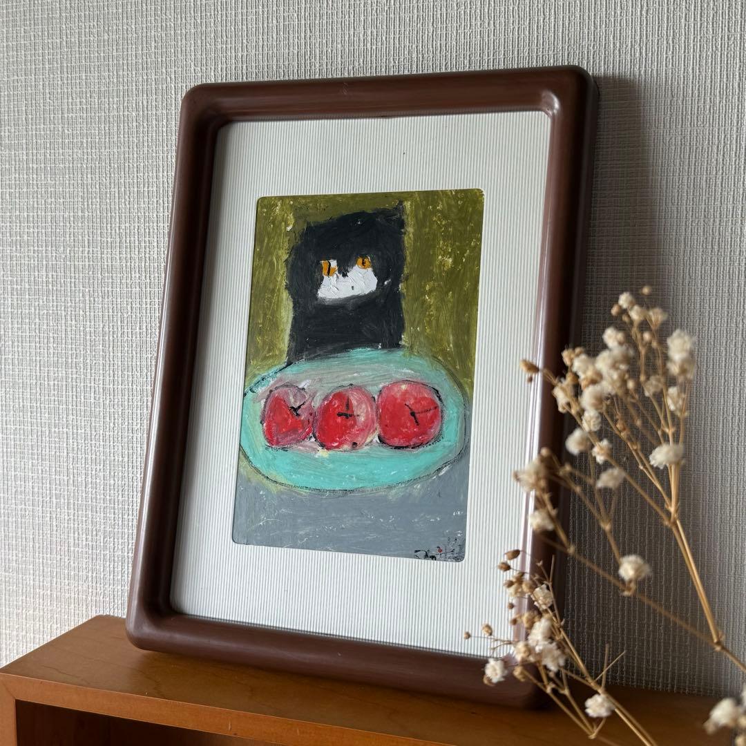 絵画。原画【かわいい黒猫と3つの赤いリンゴ】