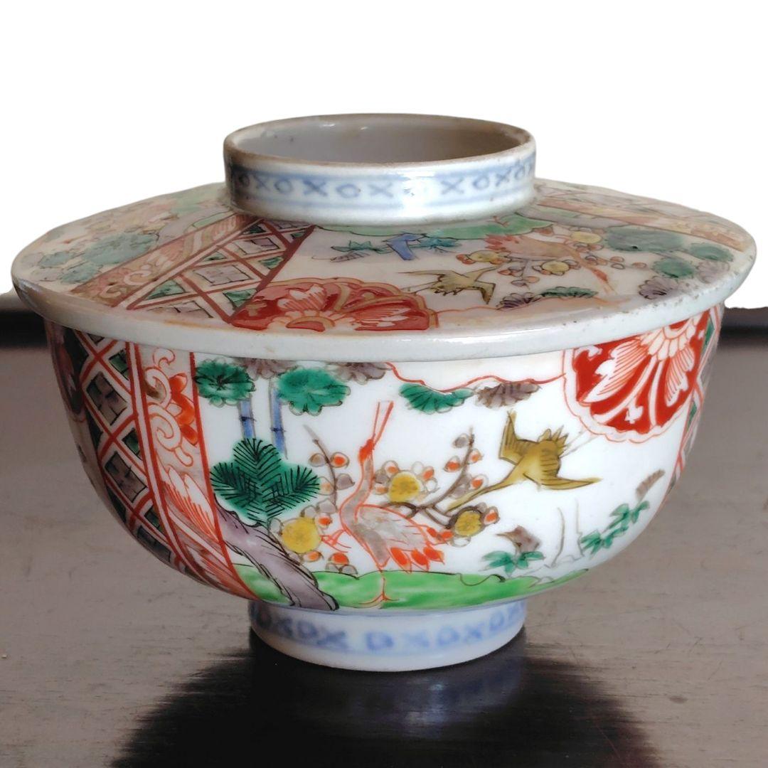 古伊万里 錦絵 金彩 蓋付き茶碗 飯茶碗 茶碗 2客 鳳凰 アンティーク レトロ