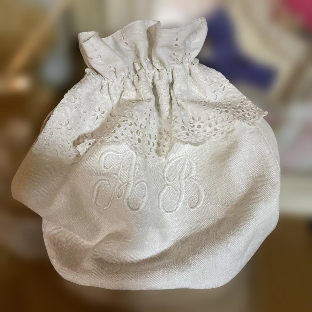 フランスアンティークリメイクモノグラム巾着袋　pochette
